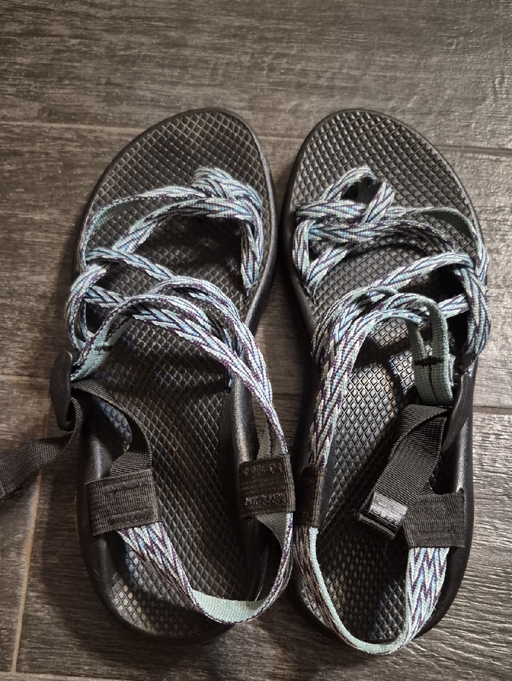 Chaco Black Sandals with Teal Accents and Multicolor Straps